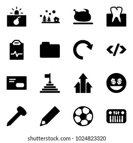 Solid vector icon set - terrorism vector, christmas landscape, turkey, tooth, pulse clipboard, folder, redo, tag code, envelope, pyramid flag, arrows up, money smile, nail, pencil, soccer ball