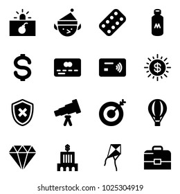 Solid vector icon set - terrorism vector, christmas elf, pills blister, milk, dollar, credit card, tap pay, sun, shield cross, telescope, target, air balloon, diamond, bank building, kite, case