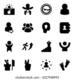 Solid vector icon set - terrorism vector, baby, no cart horse road sign, user, login, group, head bulb, contact book, success, career, speaker, victory, star man, feet