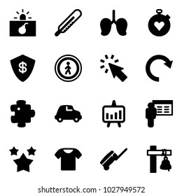 Solid vector icon set - terrorism vector, thermometer, lungs, stopwatch heart, safe, no pedestrian road sign, cursor, redo, puzzle, car, presentation chart, stars, t shirt, suitcase, ship bell