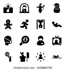 Solid vector icon set - terrorism vector, officer window, santa claus, cake man, run, pull ups, abdominal muscles, medical mask, head hunter, manager, tv news, world, speaker, star, swimming