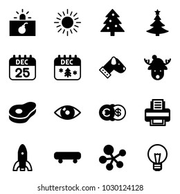 Solid vector icon set - terrorism vector, sun, christmas tree, 25 dec calendar, dog, deer hat, meat, eye, euro dollar, printer, rocket, skateboard, molecule, bulb
