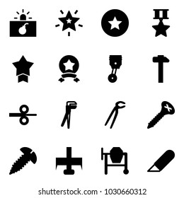 Solid vector icon set - terrorism vector, christmas star, medal, piston, hammer, steel rolling, plumber, screw, milling cutter, cocncrete mixer, work knife