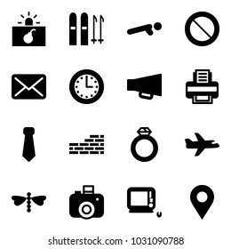 Solid vector icon set - terrorism vector, ski, push ups, prohibition road sign, mail, time, loudspeaker, printer, tie, brick wall, diamond ring, plane, dragonfly, camera, monoblock pc