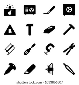 Solid vector icon set - terrorism vector, safe, scalpel, Road narrows sign, work, gold, hammer, bucksaw, chisel, clamp, bolt cutter, screw, knife, allen key set, forceps