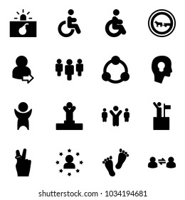 Solid vector icon set - terrorism vector, disabled, no cart horse road sign, user login, group, community, head bulb, success, winner, team leader, win, victory, star man, feet, information exchange