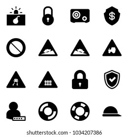 Solid vector icon set - terrorism vector, lock, safe, prohibition road sign, climb, steep descent, tractor way, slippery, railway intersection, locked, shield check, user password, lifebuoy