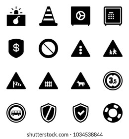 Solid vector icon set - terrorism vector, road cone, safe, prohibition sign, traffic light, children, side wind, railway intersection, cow, limited height, no bus, shield, check, lifebuoy