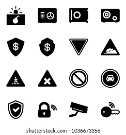Solid vector icon set - terrorism vector, safe, giving way road sign, climb, pedestrian, railway intersection, prohibition, no car, shield check, wireless lock, surveillance camera, key