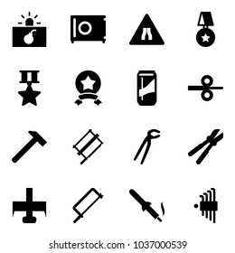 Solid vector icon set - terrorism vector, safe, Road narrows sign, star medal, drink, steel rolling, hammer, bucksaw, plumber, bolt cutter, milling, metal hacksaw, soldering iron, allen key set
