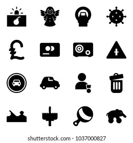 Solid vector icon set - terrorism vector, angel, mri, virus, pound, credit card, safe, intersection road sign, no car, winner, trash bin, jointer, crown drill, beanbag, elephant wheel