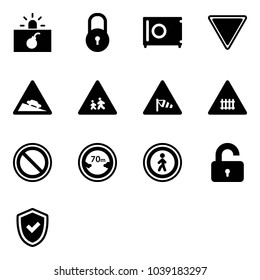 Solid vector icon set - terrorism vector, lock, safe, giving way road sign, steep descent, children, side wind, railway intersection, prohibition, limited distance, no pedestrian, unlocked
