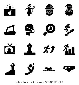 Solid vector icon set - terrorism vector, santa claus, treadmill, medical mask, head hunter, career, tv news, winner, success, flying man, swimming, swimsuit