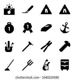 Solid vector icon set - terrorism vector, scalpel, Road narrows sign, gold medal, anchor, casting of steel, mason hammer, bolt cutter, screw, hoe, farm fork, winch, tool cabinet