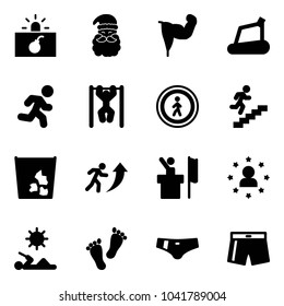 Solid vector icon set - terrorism vector, santa claus, power hand, treadmill, run, pull ups, no pedestrian road sign, career, garbage, speaker, star man, reading, feet, swimsuit