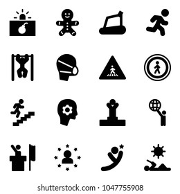 Solid vector icon set - terrorism vector, cake man, treadmill, run, pull ups, medical mask, pedestrian road sign, no, career, brain work, winner, world, speaker, star, flying, reading