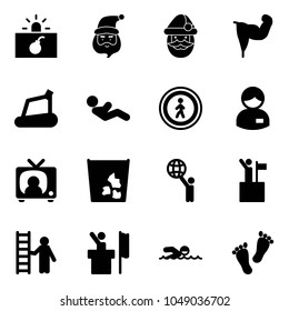 Solid vector icon set - terrorism vector, santa claus, power hand, treadmill, abdominal muscles, no pedestrian road sign, manager, tv news, garbage, world, win, opportunity, speaker, swimming, feet