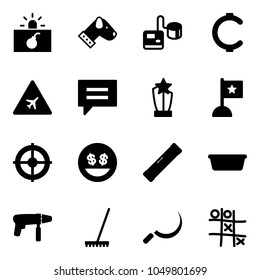 Solid vector icon set - terrorism vector, dog, tonometer, cent, airport road sign, chat, award, flag, target, money smile, level, basin, drill machine, rake, sickle, Tic tac toe