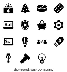 Solid vector icon set - terrorism vector, christmas tree, pill, pills blister, account statistics, shield cross, piggy bank, gear, monitor, air balloon, information exchange, usb wi fi, laser, bolt