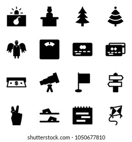 Solid vector icon set - terrorism vector, recieptionist, christmas tree, angel, floor scales, credit card, cash, telescope, flag, signpost, victory, flip flops, terms plan, kite