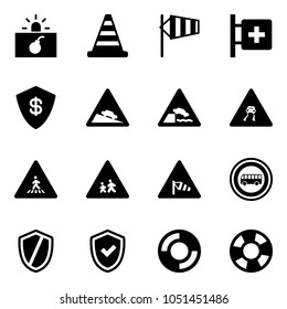 Solid vector icon set - terrorism vector, road cone, side wind, first aid room, safe, steep descent sign, embankment, slippery, pedestrian, children, no bus, shield, check, lifebuoy