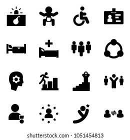 Solid vector icon set - terrorism vector, baby, disabled, identity, hotel, hospital bed, group, community, brain work, career, success, team leader, winner, star man, flying, information exchange