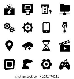 Solid vector icon set - terrorism vector, atm, network folder, gears, gear, mobile phone, laser, navigation pin, cloud exchange data, sand clock, movie flap, cpu, drill, joystick