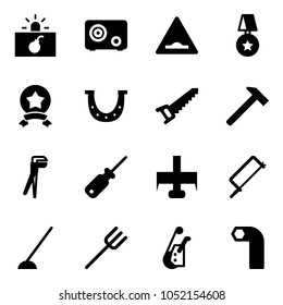 Solid vector icon set - terrorism vector, safe, artificial unevenness road sign, star medal, luck, saw, hammer, plumber, screwdriver, milling cutter, metal hacksaw, hoe, farm fork, winch, allen key