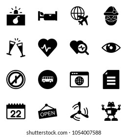 Solid vector icon set - terrorism vector, hotel, plane globe, santa claus, wine glasses, heart pulse, diagnosis, eye, no parkin odd, bus road sign, browser, document, calendar, open, wind mill