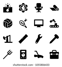 Solid vector icon set - terrorism vector, gear globe, office chair, mat, volleyball, badminton, monitor, conveyor, oil derrick, level, wrench, nail, farm fork, multimeter, lawn mower, tool box