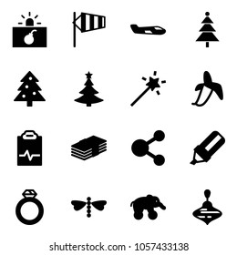 Solid vector icon set - terrorism vector, side wind, small plane, christmas tree, Magic wand, banana, pulse clipboard, dollar, share, highlight marker, diamond ring, dragonfly, elephant wheel