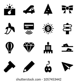 Solid vector icon set - terrorism vector, trap truck, christmas tree, bow, banana, tap pay, dollar sun, signpost, air balloon, diamond, bank building, flip flops, bolt, pencil, yoyo, paper plane