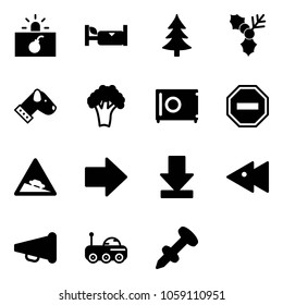 Solid vector icon set - terrorism vector, hotel, christmas tree, holly, dog, broccoli, safe, no way road sign, steep descent, right arrow, download, fast backward, speaker horn, moon rover