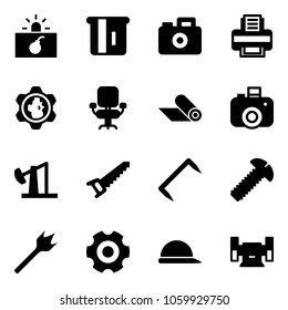 Solid vector icon set - terrorism vector, atm, camera, printer, gear globe, office chair, mat, oil derrick, saw, staple, screw, wood drill, construction helmet, sharpening