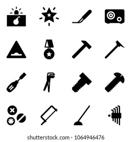 Solid vector icon set - terrorism vector, christmas star, scalpel, safe, artificial unevenness road sign, medal, hammer, mason, chisel, plumber, bolt, screw, rivet, metal hacksaw, hoe, allen key set