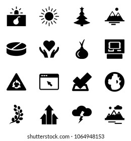 Solid vector icon set - terrorism vector, sun, christmas tree, mountains, pill, heart care, onion, atm, round motion road sign, cursor browser, check, globe, golden branch, arrows up, storm