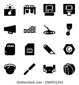 Solid vector icon set - terrorism vector, vial, atm, loudspeaker, brick wall, fishing, piston, micro flash card, sim, work knife, nut, protect glass, rasp, sharpening, basketball