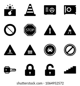 Solid vector icon set - terrorism vector, road cone, safe, prohibition sign, stop, traffic light, slippery, pedestrian, railway intersection, no car, parking, key, locked, unlocked, stairs