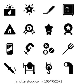 Solid vector icon set - terrorism vector, christmas star, scalpel, safe, Road narrows sign, gold medal, drink, clamp, rivet, farm fork, soldering iron, cocncrete mixer, winch, allen key