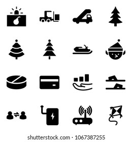Solid vector icon set - terrorism vector, fork loader, trap truck, christmas tree, snowmobile, elf, pill, credit card, growth, flip flops, information exchange, power bank, wi fi router, kite