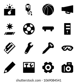 Solid Vector Icon Set - Terrorism Vector, Drop Counter, Basketball Ball, Loudspeaker, Mat, Lifebuoy, Skateboard, Server, Trowel, Wrench, Screw, Protective Glasses, Pencil, Tool Box, Gear, Camera