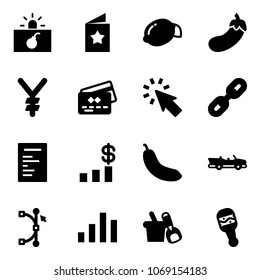 Solid vector icon set - terrorism vector, star postcard, lemon, eggplant, yen, credit card, cursor, link, document, dollar chart, banana, cabrio, bezier, shovel bucket, beanbag
