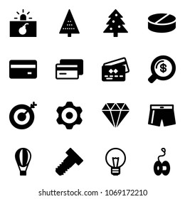 Solid vector icon set - terrorism vector, christmas tree, pill, credit card, money search, target, gear, diamond, swimsuit, air balloon, bolt, bulb, yoyo