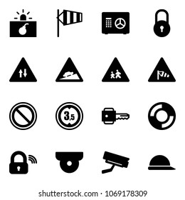 Solid vector icon set - terrorism vector, side wind, safe, lock, oncoming traffic road sign, climb, children, prohibition, limited height, key, lifebuoy, wireless, surveillance camera