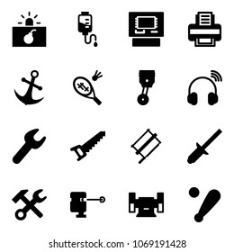 Solid Vector Icon Set - Terrorism Vector, Drop Counter, Atm, Printer, Anchor, Badminton, Piston, Wireless Headphones, Wrench, Saw, Bucksaw, Clinch, Hammer, Laser Lever, Sharpening, Baseball Bat