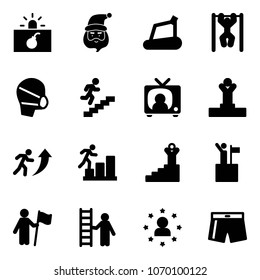 Solid vector icon set - terrorism vector, santa claus, treadmill, pull ups, medical mask, career, tv news, winner, success, win, opportunity, star man, swimsuit