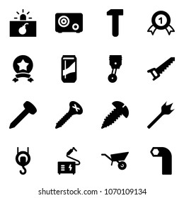 Solid vector icon set - terrorism vector, safe, work, gold medal, star, drink, piston, saw, nail, screw, wood drill, winch, welding, wheelbarrow, allen key