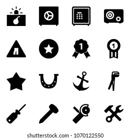 Solid vector icon set - terrorism vector, safe, Road narrows sign, star medal, gold, luck, anchor, plumber, screwdriver, nail, Angular grinder, wrench hammer