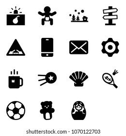 Solid vector icon set - terrorism vector, baby, christmas landscape, road signpost sign, drawbridge, phone, mail, gear, green tea, first satellite, shell, badminton, soccer ball, bear toy