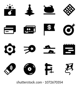 Solid vector icon set - terrorism vector, christmas tree, turkey, pills blister, credit card, dollar flag, target, gear, first satellite, flip flops, terms plan, usb wi fi, cd, clamp, kite
